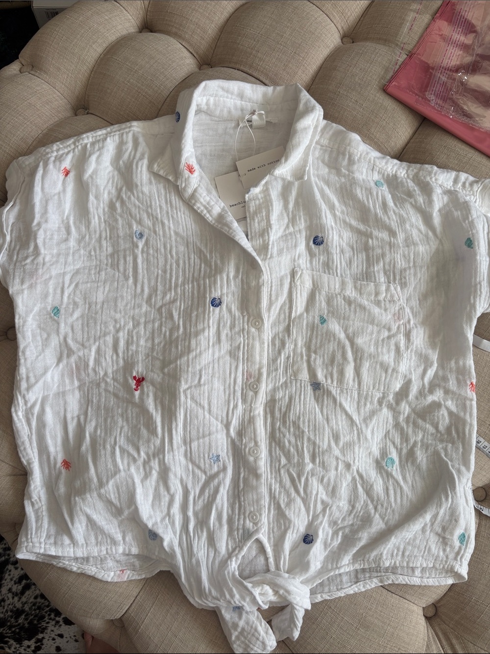 beachlunchlounge White Button-Front Shirt with Multicolor Embroidery